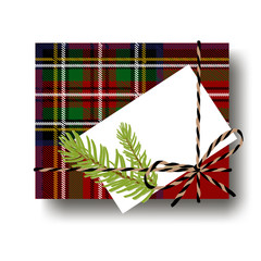 Checked tartan plaid gift present box with tied string bow and a fir tree branch and blank note with copy space. Wrapping diy idea. Vector illustration. Top view