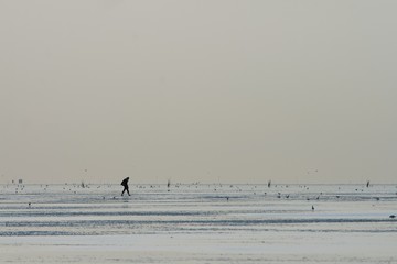 Fototapeta na wymiar einsamer Wanderer im Wattenmeer
