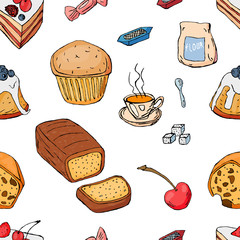 Set of different desserts isolated on white background. Hand-drawn style. Seamless pattern. Vector illustration.