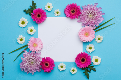 Happy Mother's Day, Women's Day, Valentine's Day or Birthday Pastel Candy blue Colours Background. Floral flat lay minimalism greeting card with copy space.