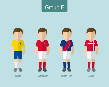 2018 Soccer or football team uniform. Group E with BRAZIL, SWITZERLAND, COSTA RICA, SERBIA. Flat design.