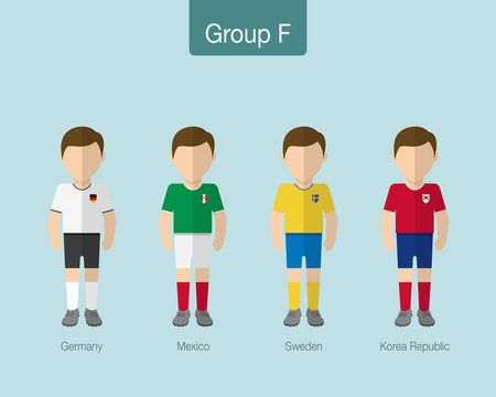 2018 Soccer or football team uniform. Group F with GERMANY, MEXICO, SWEDEN, KOREA REPUBLIC. Flat design.
