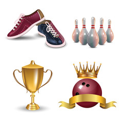 Realistic bowling icon set isolated on white background. Bowling strike with ball
