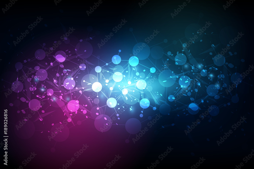 Poster abstract futuristic - molecules technology with linear and polygonal pattern shapes on dark blue bac