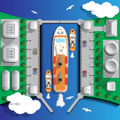 The gateway and cruise ship. View from above. Vector illustration.