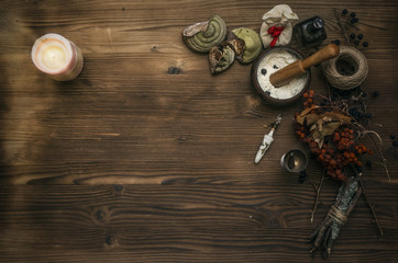 Witchcraft. Witch doctor desk table. Magic potion. ALternative medicine concept.