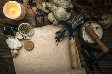 Ancient magic scroll paper sheet with copy space. Witchcraft. Witch doctor desk table. Magic...