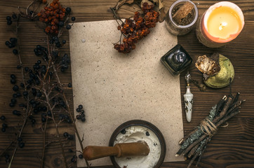Ancient magic scroll paper sheet with copy space. Witchcraft. Witch doctor desk table. Magic...