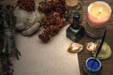 Ancient magic scroll paper sheet with copy space. Witchcraft. Witch doctor desk table. Magic potion. Alternative medicine concept.