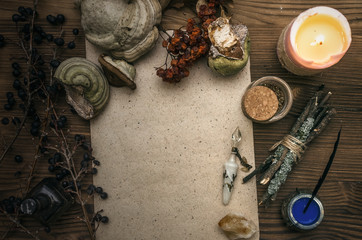 Ancient magic scroll paper sheet with copy space. Witchcraft. Witch doctor desk table. Magic...