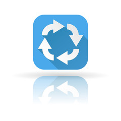 Arrows icon. Blue sign with shadow and reflection. Circular motion