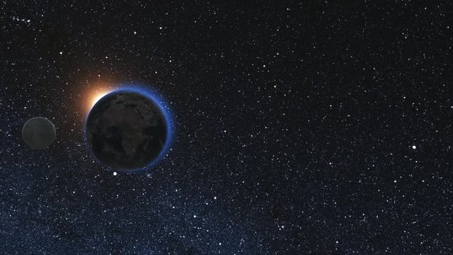 Sunrise view from space on Realistic Earth with Moon, rotating in space against the background of the starry sky and the Sun (loop). 4k 3D Render animation. Elements of this image furnished by NASA