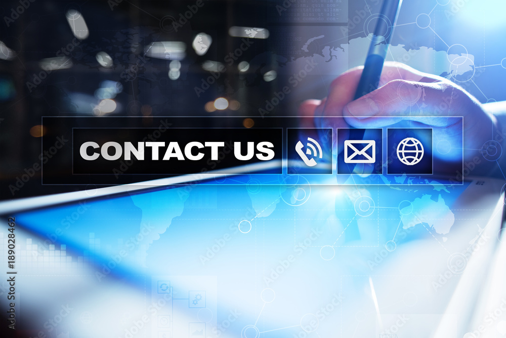 Poster contact us button and text on virtual screen. business and technology concept.