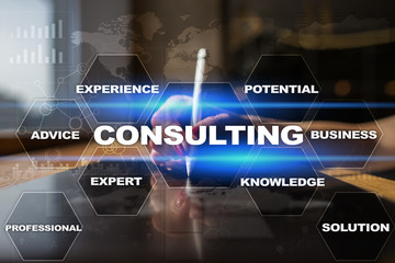 Consulting business concept. Text and icons on virtual screen.