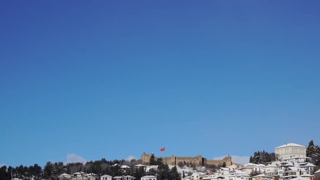 Tilt down view of old town of Ohrid with Tsar Samoil fortress, Macedonia