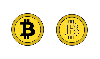 Set of two designs of bitcoin cryptocurrency, one coin in black and the other in yellow. Original digital or virtual currencies, revolutionary new electronic money. Isolated vector.
