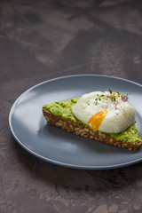 Sandwich with avocado and poached egg. Healthy breakfast