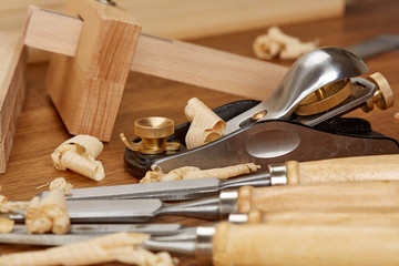 DIY concept. Woodworking and crafts tools. Carpentry hand tools. Planers, chisels, measuring tools....