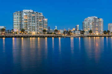 Fototapeta na wymiar Port Melbourne waterfront apartment buildings at blue hour