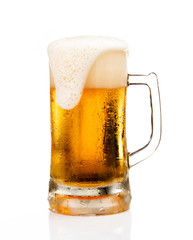 Mug of beer with froth foam on glass isolated on white background food and drink object design