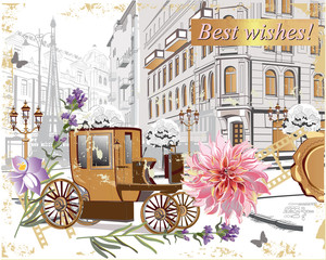 Series of backgrounds decorated with flowers, old town views and street cafes.    Hand drawn vector architectural background with historic buildings.