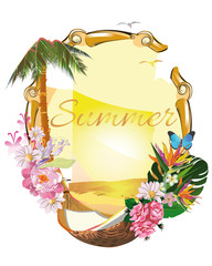 Design of tropical background with palm leaves and flowers.
