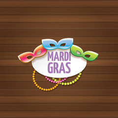 vector new orleans mardi gras carnival label with mask and text on wooden wall background. vector mardi gras party or fat tuesday poster design template