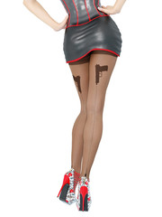 Woman detective.Dark nylon tights with guns, bullets and trajectory line.Short skirt corset.Female domination.Sexy slim female legs dark pantyhose.Seductive pose.Conceptual fashion art.3D render