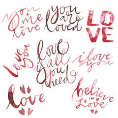 Valentines Day text. Love you. Set vector Romantic quote for design greeting cards, tattoo, holiday invitations. Watercolor Pink set of elements for Valentine's day. Scrapbook design elements.