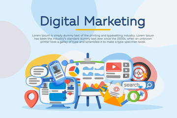 Fototapeta premium Business analysis. Digital marketing concept. Social network and media communication. Development of marketing strategy. Banner in the cartoon flat style. SEO, SMM and promotion. Vector illustration.