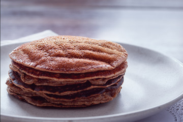 Chocolate pancakes from whole-grain flour. Amrikan breakfast