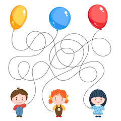 Детская картинка загадка. Трое детей с воздушными шариками, желтым, голубым и красным, нити перепутаны. Найдите, где 

чей шарик.
