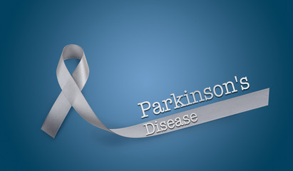 Parkinson's disease awareness or brain cancer grey bow or silver ribbon isolated on dark blue background (Clipping path included) with copy space for text, logo, wordings decoration, health medical