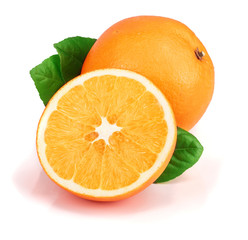 Orange with slice and leaf isolated on the white background