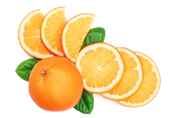 Orange with slice and leaf isolated on the white background. Flat lay pattern. Top view