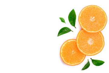 orange or tangerine slices with leaves isolated on white background. Flat lay, top view. Fruit composition