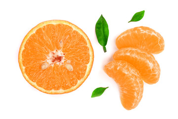 orange or tangerine slices with leaves isolated on white background. Flat lay, top view. Fruit composition