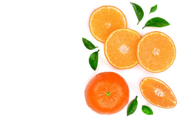 orange or tangerine with leaves isolated on white background with copy space for your text. Flat lay, top view