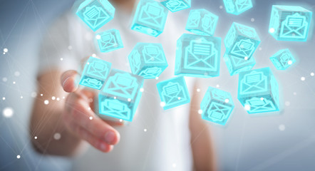 Businessman using floating cube emails 3D rendering