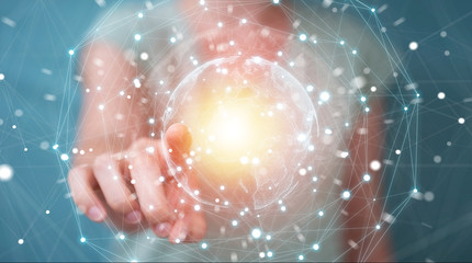 Businesswoman using planet earth network sphere 3D rendering