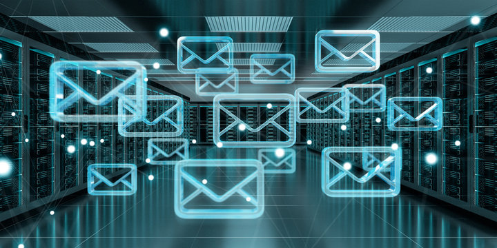 Emails exchange over server room data center 3D rendering - Powered by Adobe
