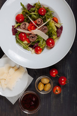 Top view of tasty vegetable salad with cheese