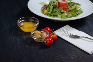 Close up of tasty ingredients for salmon salad