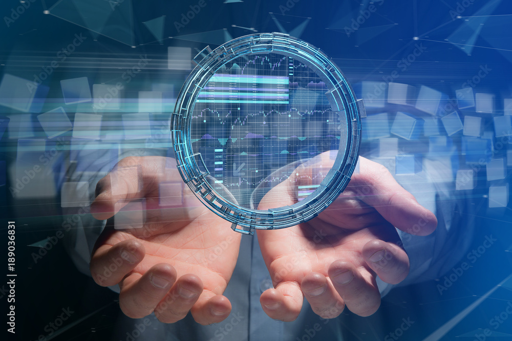 Poster hologram made of wheel with a futuristic finance data interface - 3d render