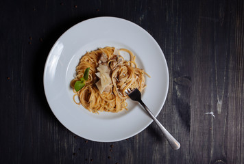 Flat lay of tasty mushroom spaghetti