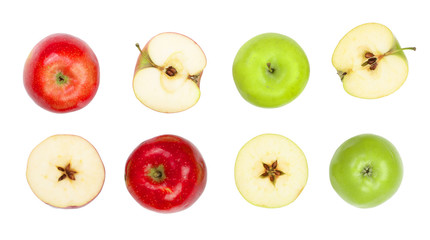 red and green apples with slices isolated on white background top view. Flat lay pattern