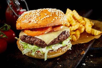 Original American cheeseburger with French fries