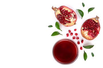 pomegranate juice with fresh pomegranate fruits isolated on white background with copy space for your text. Top view