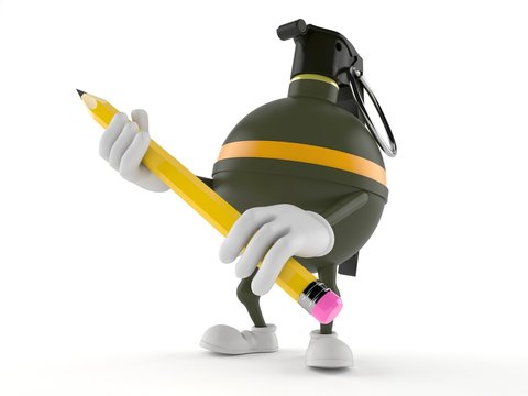 Hand grenade character holding pencil