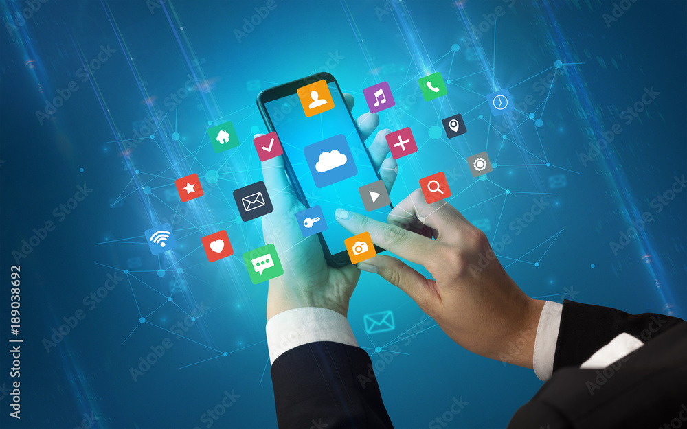 Poster Hand using smartphone with application icons